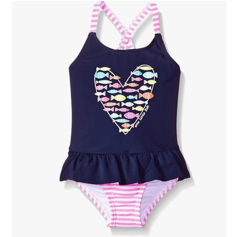 Kiko & Max Girls' One Piece Peplum Swimsuit Navy Fish Heart Size 4